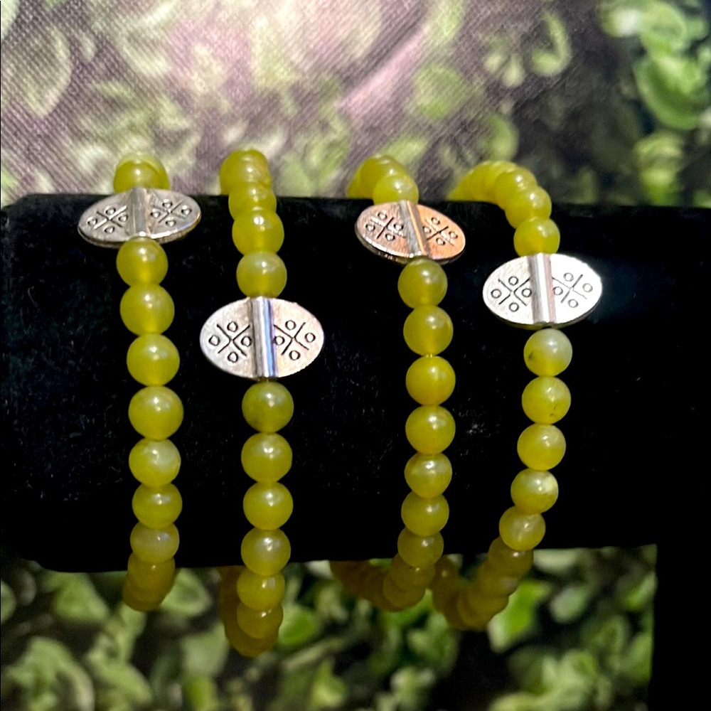 Elegant Green Agate Beaded Bracelet Set w/Silver Accents Set of 2